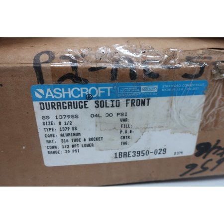 Ashcroft Duragauge 8-1/2In 1/2In 0-30Psi Npt Pressure Gauge 85-1379SS-04L